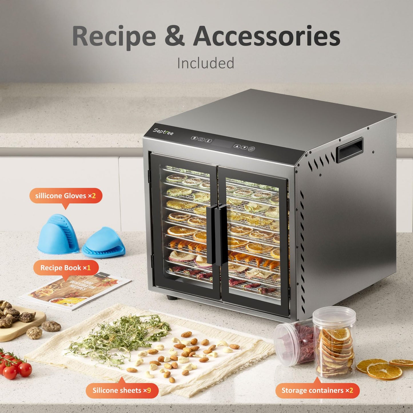 Septree Beef Jerky Dehydrator Machine, 9 Large Trays Double Door Food Dryer for Herbs, Fruit, Pet Treats, Heavy Duty Design with Digital Timer, 1000W Fast Drying Dehydrators for Home, Gunmetal Gray