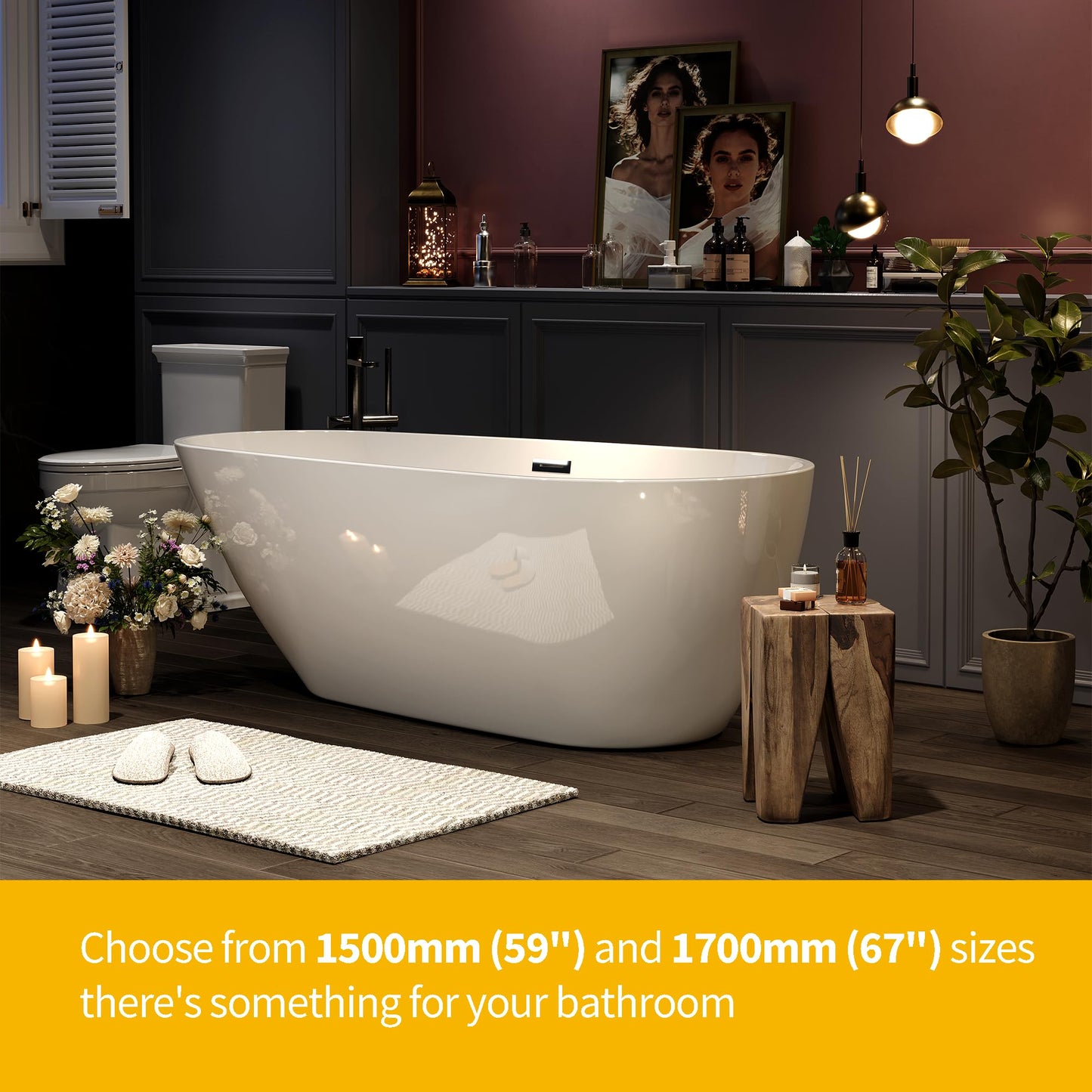 67" Deep Soaking Bathtub, Non-Slip Acrylic Tub with Chrome Drain, cUPC Certified, Ergonomic Modern Bath for Bathrooms, Easy-Install, White Pearl