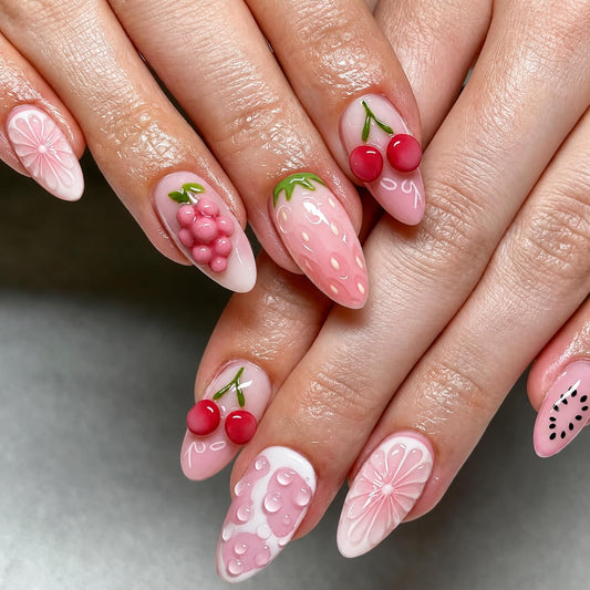 Medium Press on Nails Almond Fake Nails Pink Artificial Nail Cherry Strawberry Grape Daisy Fruit Pattern 3D Sweet Glossy Cute Summer Stick on Nail for Women 30pcs