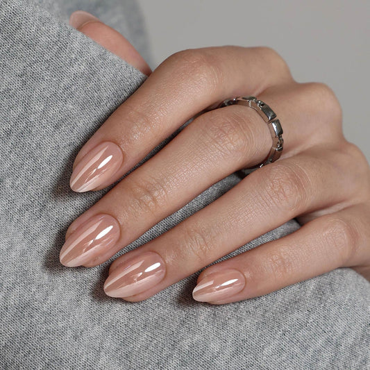 Champagne Chrome Glazed Donut Press on Nails Short - GJZEZ Soft Gel Pastel Almond Fall Fake Nails Press Ons, Ultra-Glossy Holographic Pearlescent Iridescent False Nail | 16 Sizes - 32 Reusable Nail