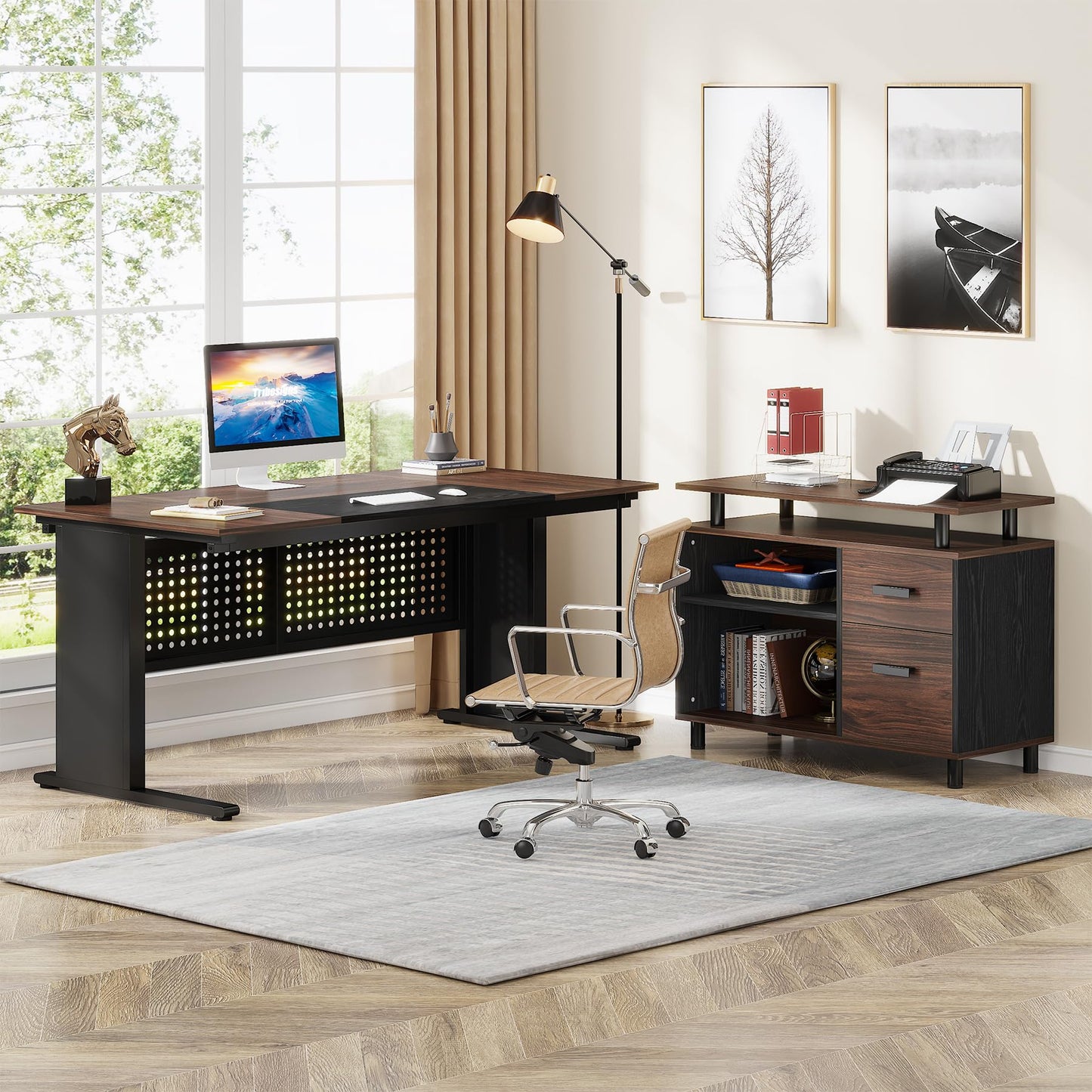 Tribesigns 63 Inch Executive Desk with File Cabinet, Large Office Desk L Shaped Computer Desk with Drawers and Storage Shelves, Business Furniture Desk for Home Office, Dark Walnut and Black
