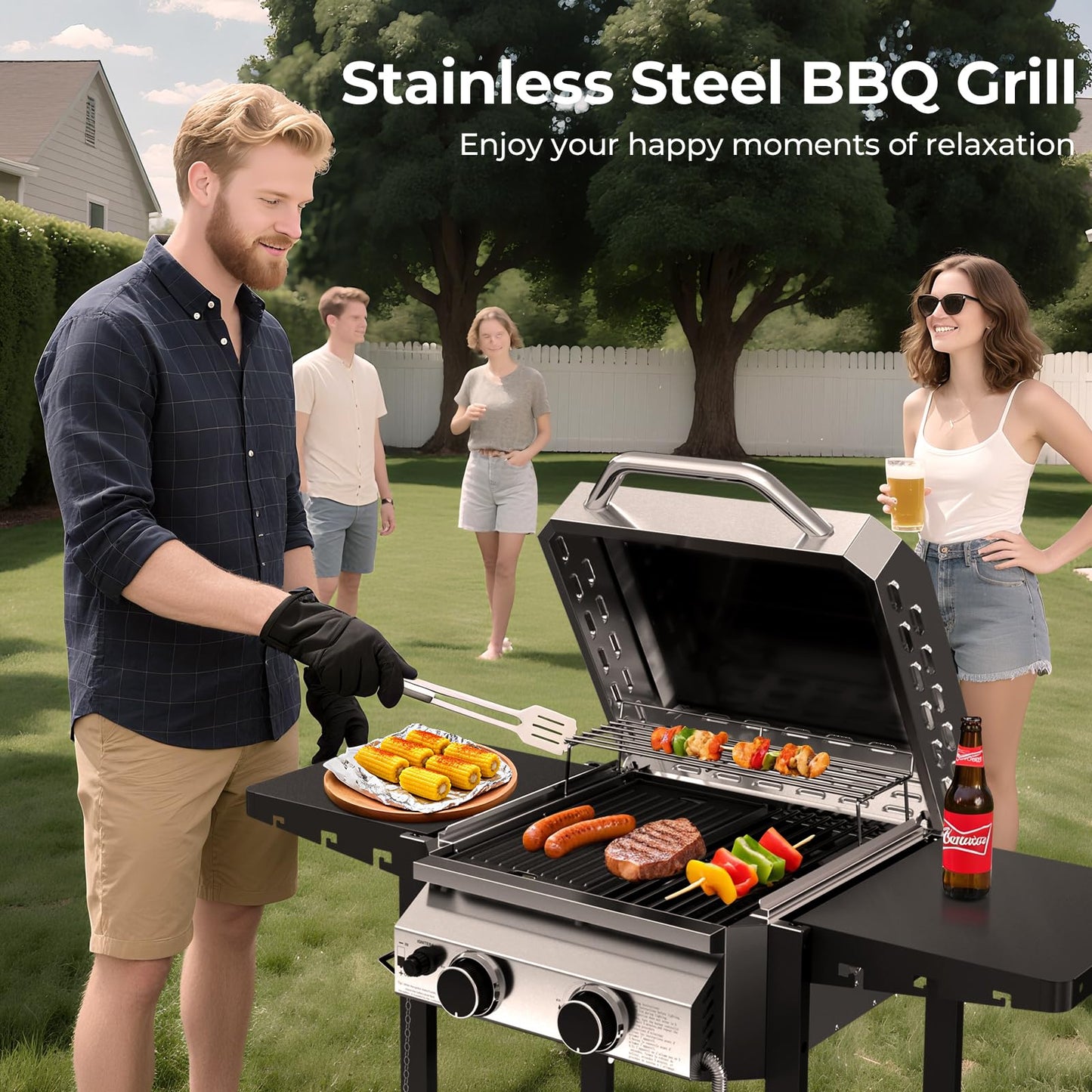 R.W.FLAME G20B Propane Gas Grill with 2-Burner, 16000 BTU Stainless Steel Outdoor BBQ Grill for Cooking with Top Cover Lid,Wheels,Side Storage Shelves,hooks Portable Barbeque for Patio Garden Camping