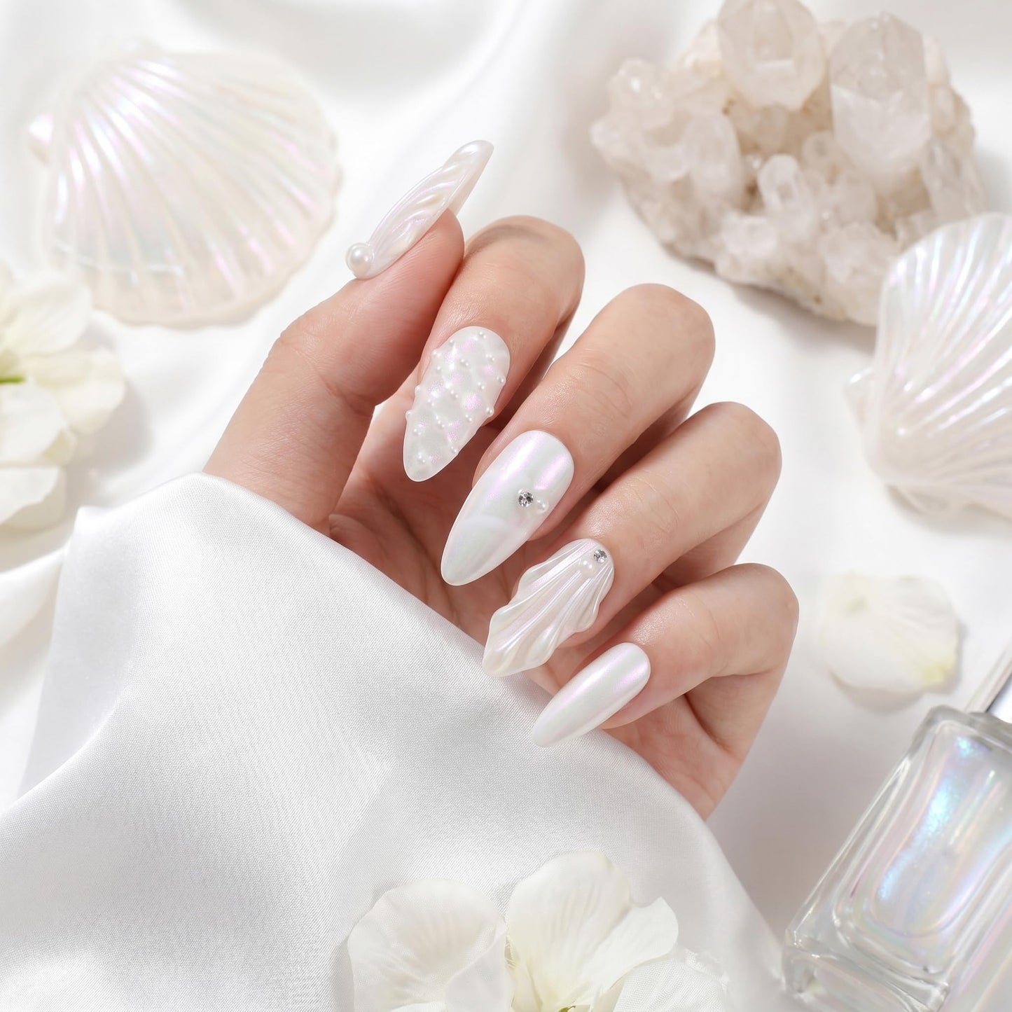 Sun&Beam Nails Handmade Press On Nail Medium Long Almond Oval Pink White Pearl Shell Fake Tip 3D Design Art Charms Cute with Storage Box 10 Pcs (#030 M)