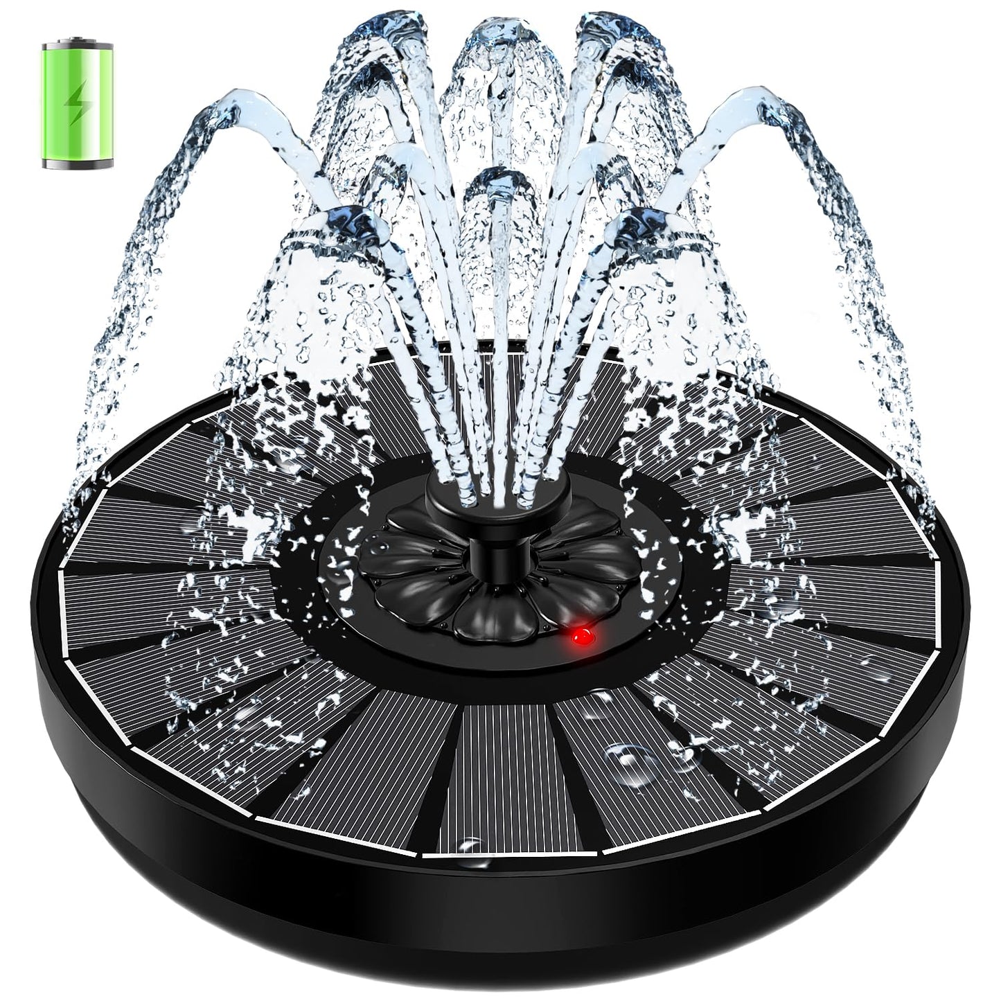 Solar Fountain Work On Cloudy Day,Solar Water Bird Bath Fountain with Faster Conversion Glass Solar Panel and Power Indicator,Built-in 2000mAh Battery,Outdoor Garden Decor(Black Panel)