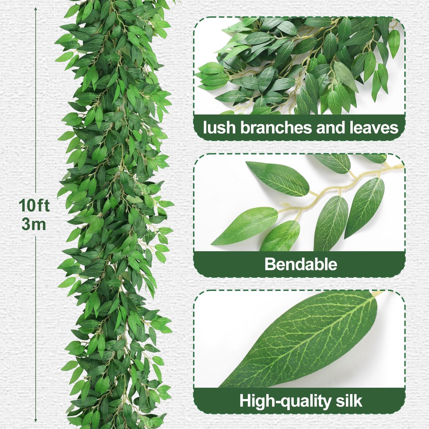 Suncalla 2 Pcs 10 Feet Artificial Vines Garland Faux Italian Ruscus Vine Twigs Silk Green Leaves Greenery Garland for Wedding Table Centerpieces Arch Decor Party Room Home Garden Office Wall Decor