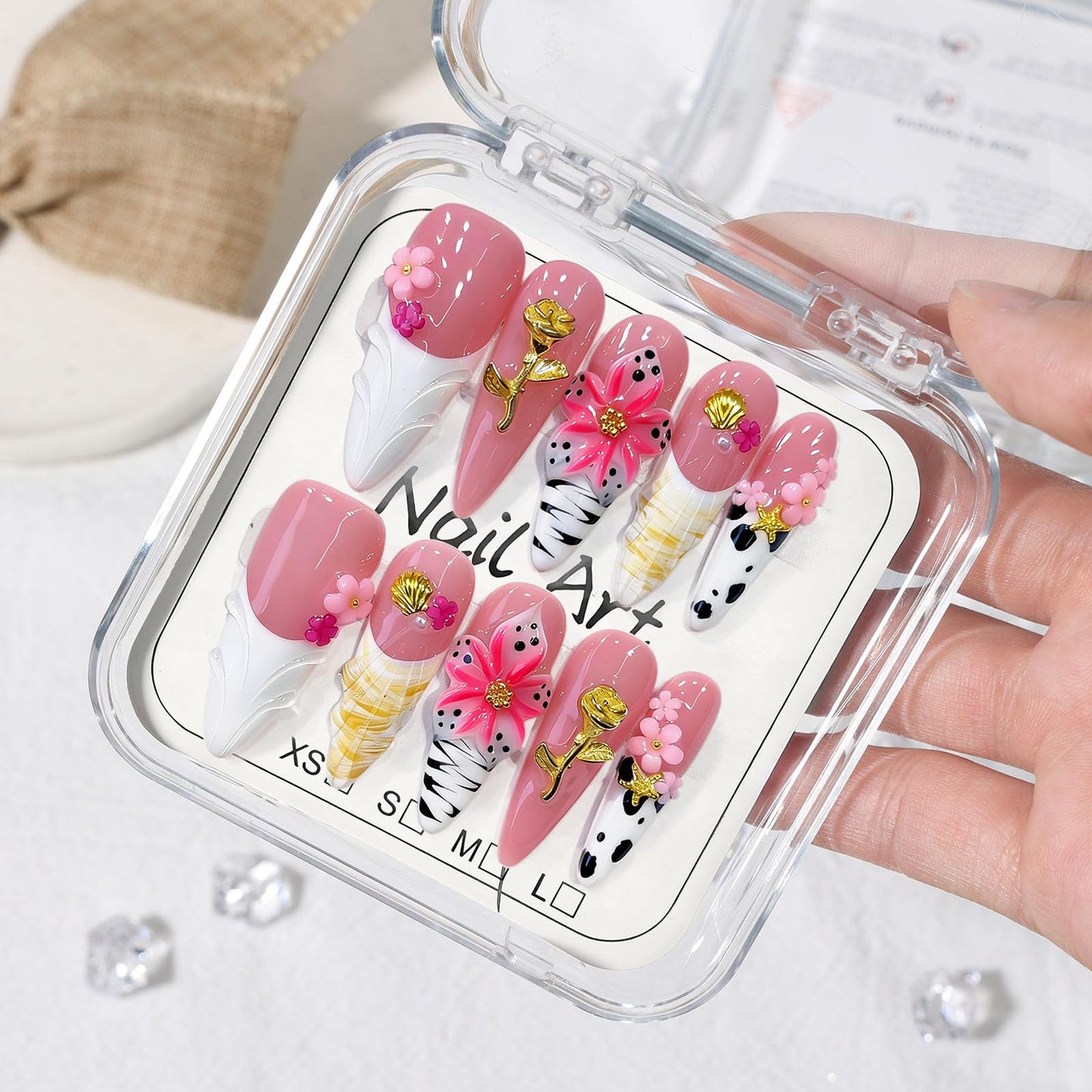 10 Pcs Handmade Press on Nails Long Stilettos Fake Nails with White French Tip Leopard Print Design 3D Flowers False Nails Pink Acrylic Stiletto Press Ons Nails for Women Wedding Nail Art - M Size