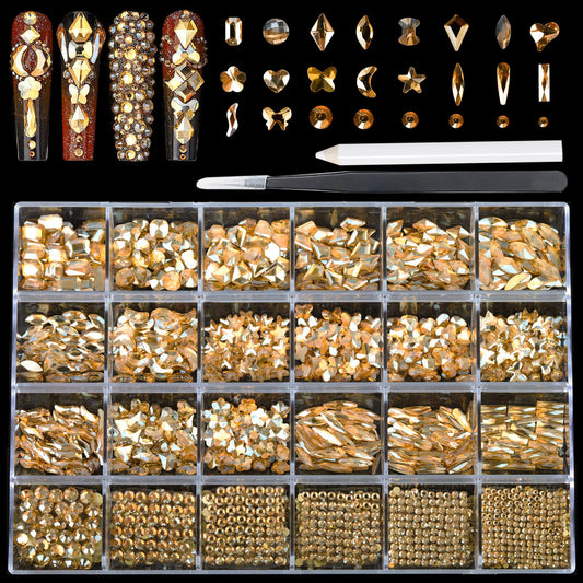 Kaipheiquan Champagne Nail Rhinestones Kit, 18 Types of 900 Special-Shaped Nail Diamonds + 3200 Flat-Bottomed Nail Rhinestones, 3D Nail Crystals DIY Crafts Gemstones for Nail