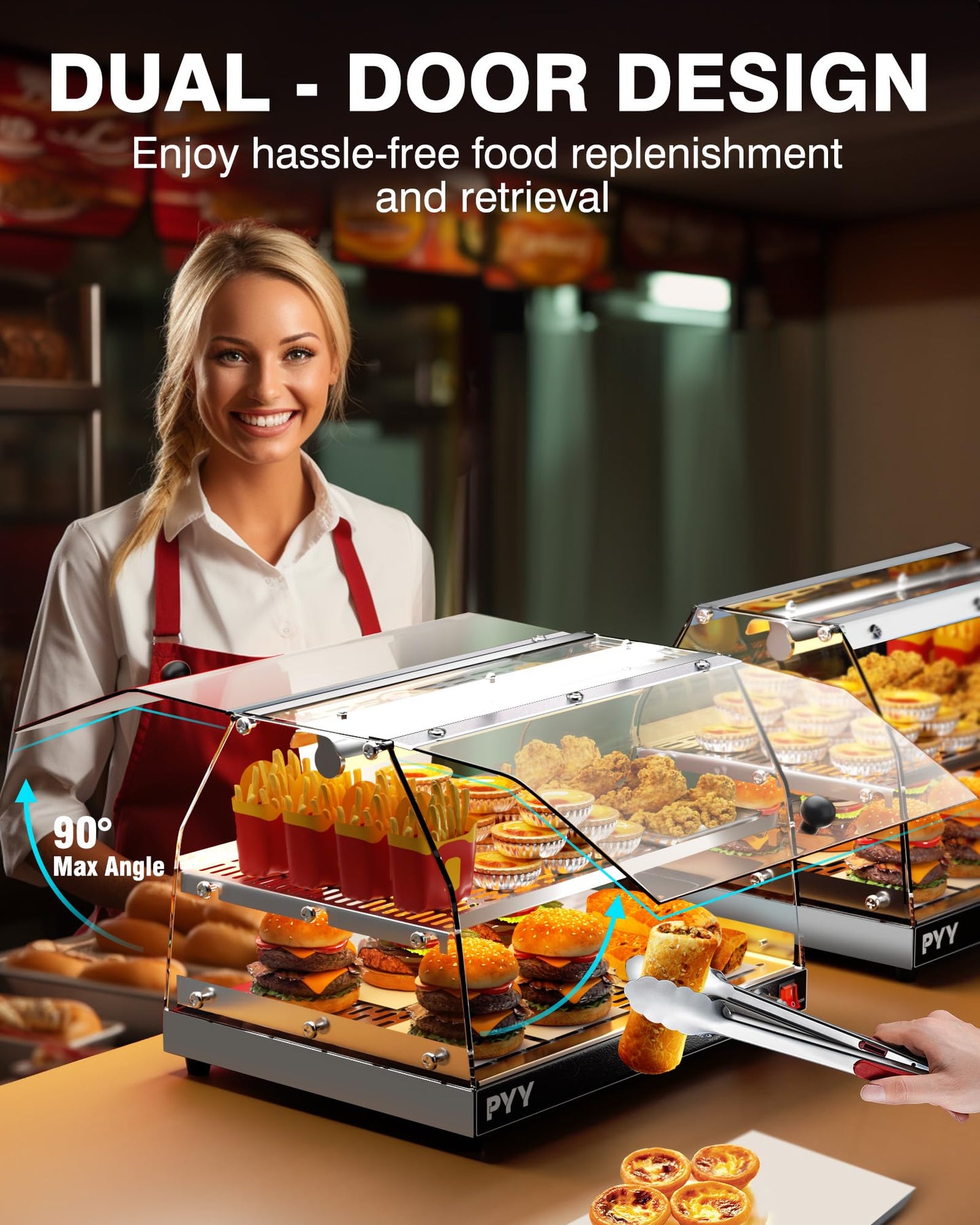 PYY Commercial Food Warmer Display, Electric Countertop Food Warmer with LED Lighting Adjustable Glass Door, 2-Tier Pastry Display Case for Buffet Restaurant Silver