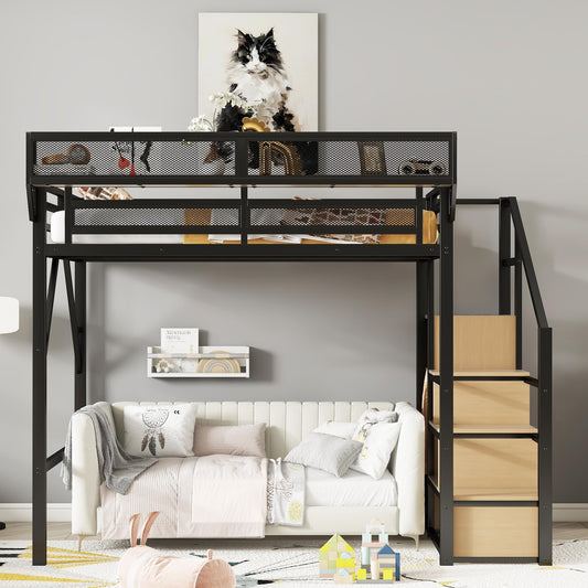DNYN Full Size Loft Bed with Storage Shelves & Wardrobe & Staircase Design for Kids/Adults Bedroom,Sturdy Metal High Bedframe w/Safety Guardrails,Super Save Space & No Box Spring Needed, Black