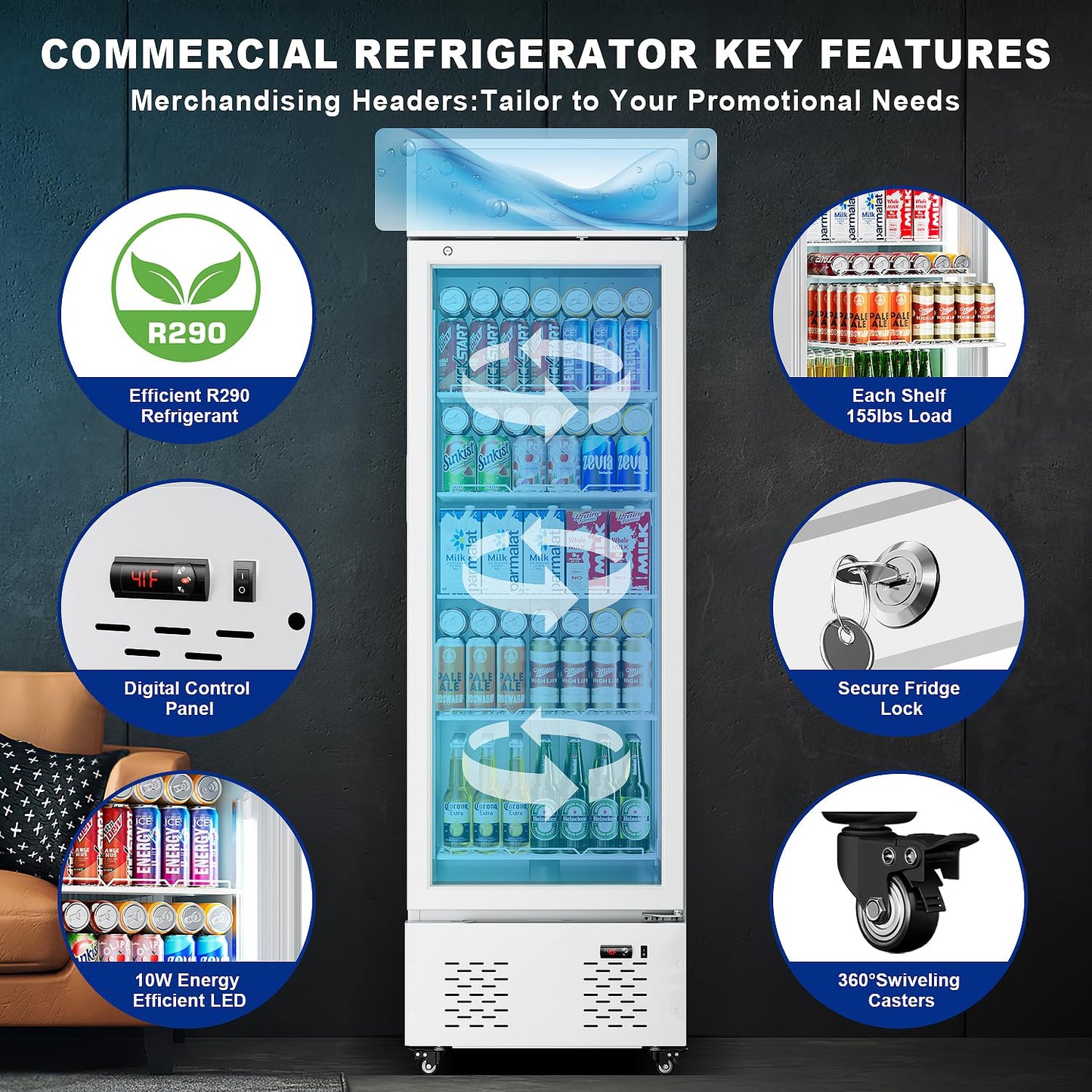 ECEVT 22.8'' W Commercial Beverage Refrigerator, 11 Cu.Ft Glass Door Drink Cooler with Soft Light and 5 Shelves, Display Refrigerator for Restaurant Store Cafe Bar, White