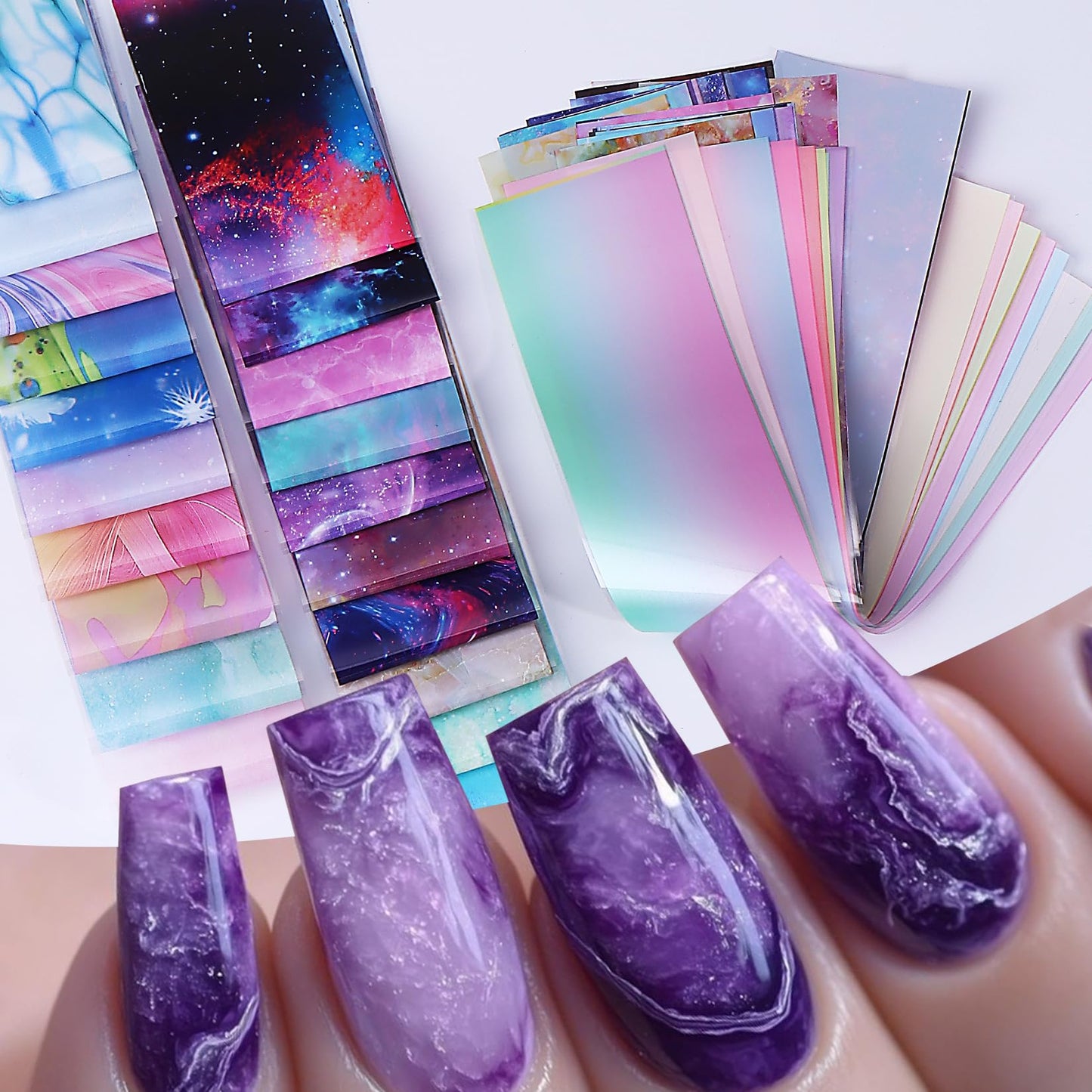 Nail Foils Transfer Nail Art 50PCS Holographic Starry Sky Stickers Marble Decals Nail Supplies Colorful Gradient Pink Blue Nail Art Foil Transfer Sheets Paper for Women DIY Designs Manicure Accessory