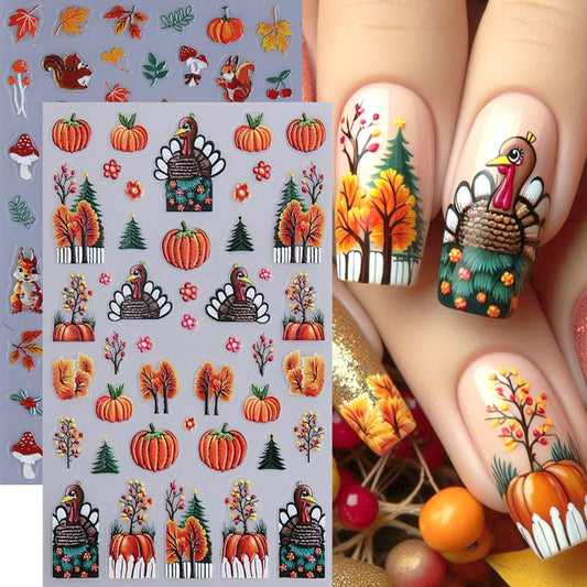2Sheets Thanksgiving Nail Art Stickers 5D Embossed Squirrel Maple Leaf Nail Decals Self-Adhesive Turkey Pumpkin Designs Nail Sticker Fall Leaves Mushroom Nail Decal for Women DIY Manicure Decoration