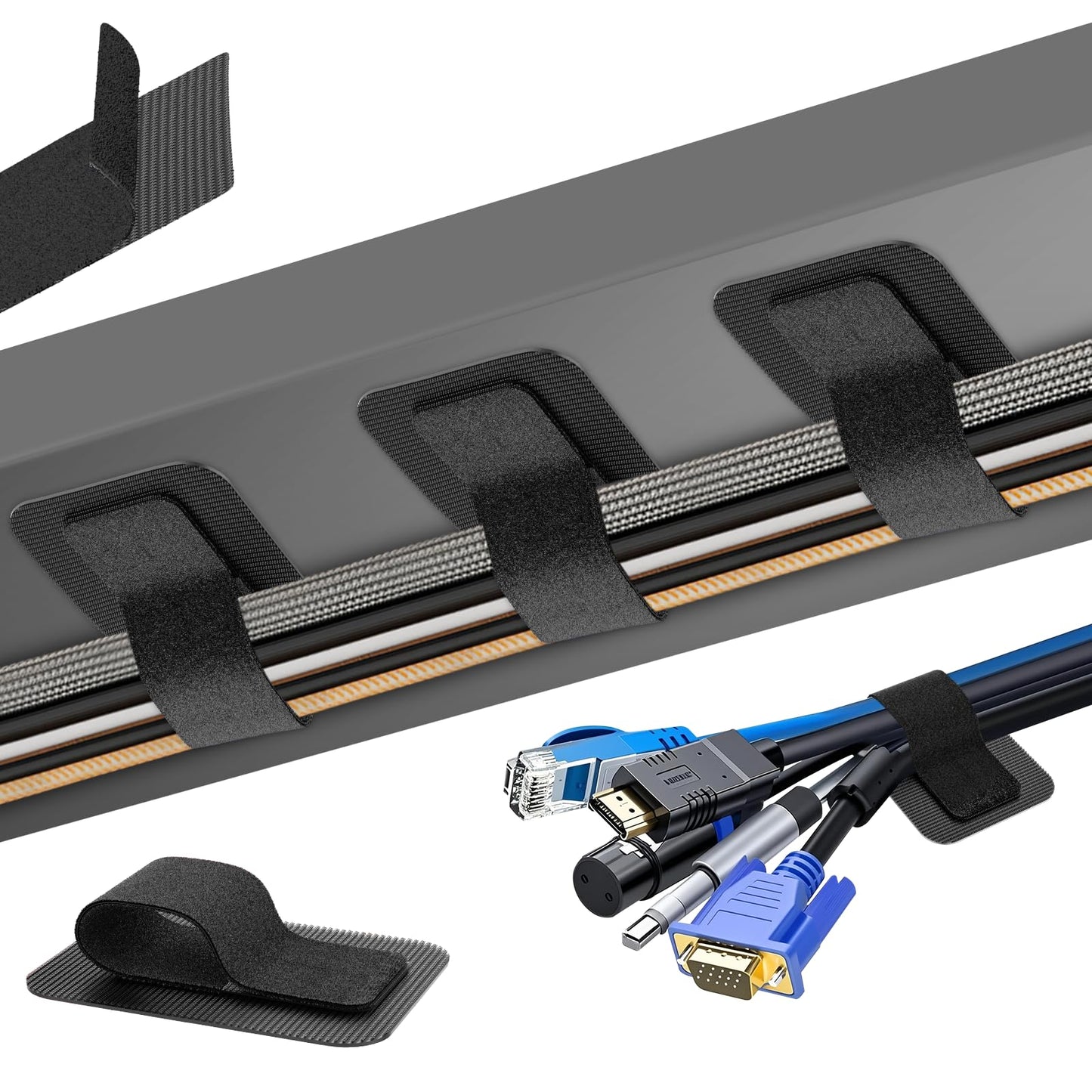 Cable Management Under Desk, 【Up to 15 Cord】【Enhanced Wire Holder】 Cord Organizer, Adjustable Hook and Loop Cable Ties, Home Office Essentials, Cable Hider Clips Under Table, 20 Pair