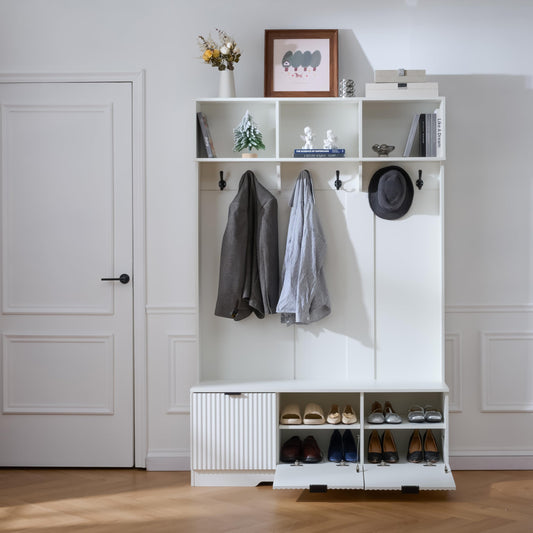 KEIKI 5-in-1 Hall Tree with Bench, Shoe Storage & 3 Open Storage Cabinets, Multi-Functionale Farmhouse Hall Tree with High Gloss Fluted Doors for Hallway Living Room, White