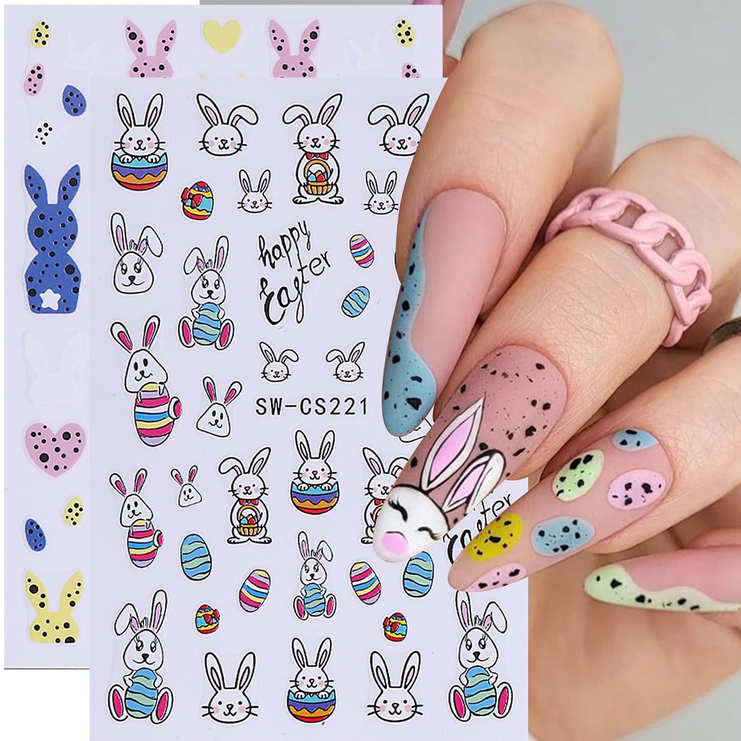 Easter Bunny Nail Art Stickers Decals 12 Sheets 3D Self-Adhesive Cute Rabbit Nail Art Stickers Easter Egg Chick Ears Designs Colorful Flower Daisy Spring Sliders Holiday Manicure Decoration