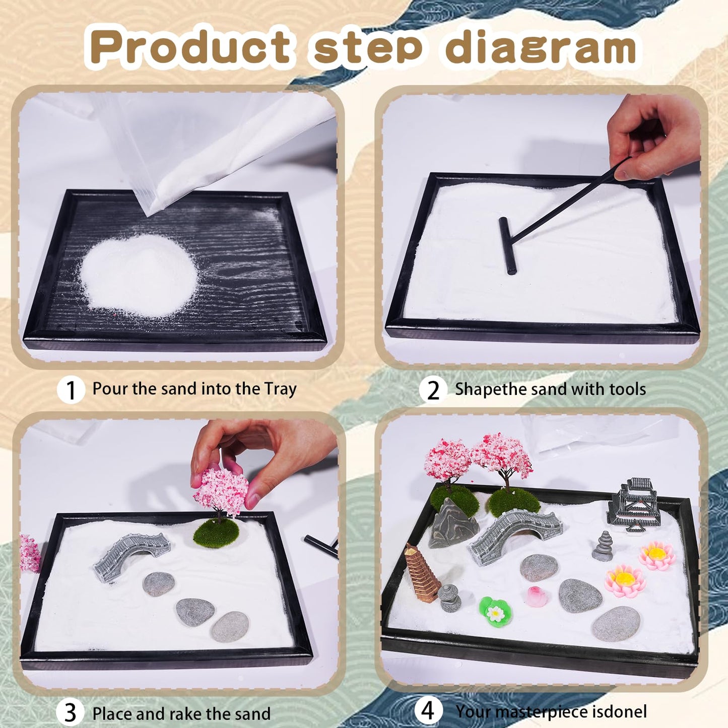 Bbiamsleep Zen Garden Kit for Desk, 9.8 x 7 Inch Mini Zen Sand Garden with 6 Tools, 23 Accessories for Home Office Desktop Japanese Decor