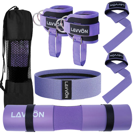 7Pcs-Barbell Pad Set for Hip Thrust - Squat Pad, Bench Press Workout Foam Weight Lifting Bar Cushion,Gym Accessories for Women with Bar Bad,with Gym Ankle Straps,Hip Resistance Bands,Lifting Strap (Purple)