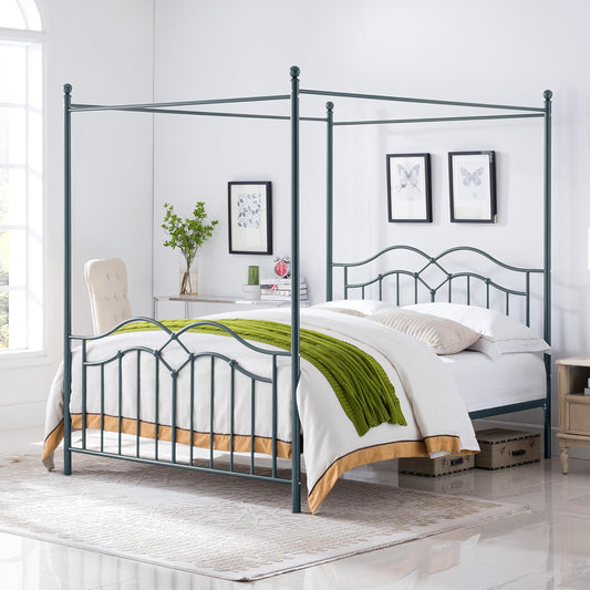 Christopher Knight Home Eileen Metal Canopy Bed Frame Queen Size with Headboard/Footboard, 4 Poster Platform Queen Bed Frame with Classic Knob Posts, Iron Slat Support, No Box Spring Needed, Blue