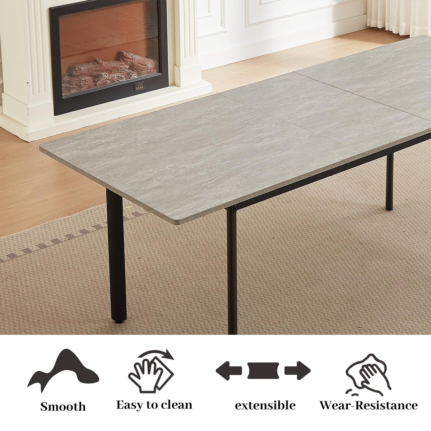 HIPIHOM 63"- 78.7" Extendable Dining Table with 6 Brown Dining Chairs, Modern Kitchen Table Set for 6, Thickened Expandable MDF Wooden Table with Metal Legs for Dining Room, Kitchen, Home