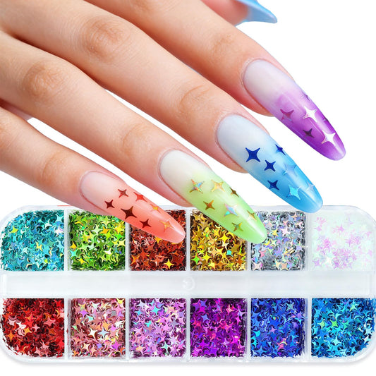 12 Colors Star Nail Glitters Sequins 3D Holographic Laser Stars Nail Flakes Sparkly Shining Star Nails Decals for Manicure Art DIY Decorations Charms Supplies for Women