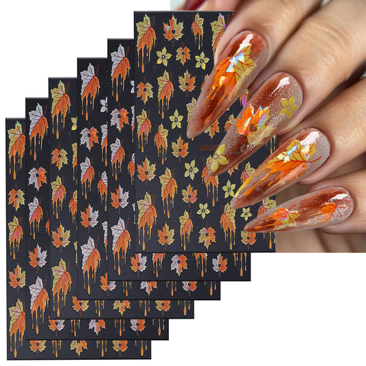 6 Sheets Thanksgiving Nail Art Stickers Fall Maple Leaf Nails Stickers 3D Self -Adhesive Flower Laser Maple Leaf Nail Decals Holographic Thanksgiving Decoration for Women Featival DIY Manicure