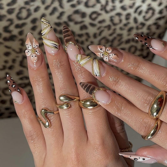 SEENEEY Long Almond Press on Nails Brown Fake Nails French Artificial Nail 3D Floral and Gold Charm Designs Cute Stick on Nail for Women 24pcs