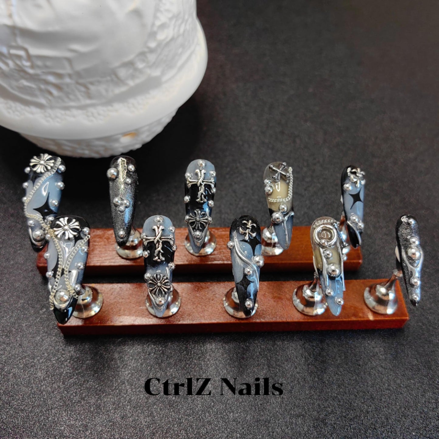 CtrlZ 3D Handmade Luxury Stiletto Press On Nails – Gothic Cross Blue Black Metal Stud Design, Reusable Fake Nails, Size S