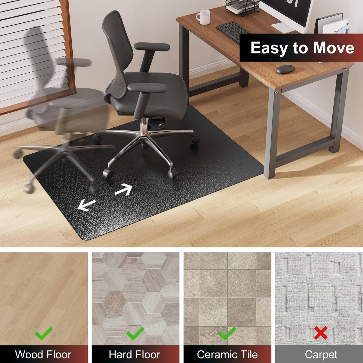 Mymeely Office Chair Mat for Hardwood Floor, 60"x75" Large Black PVC Computer Desk Chair Mat with Unique Pattern for Gaming, Anti-Slip Floor Protector for Home Office, Rolling Chair