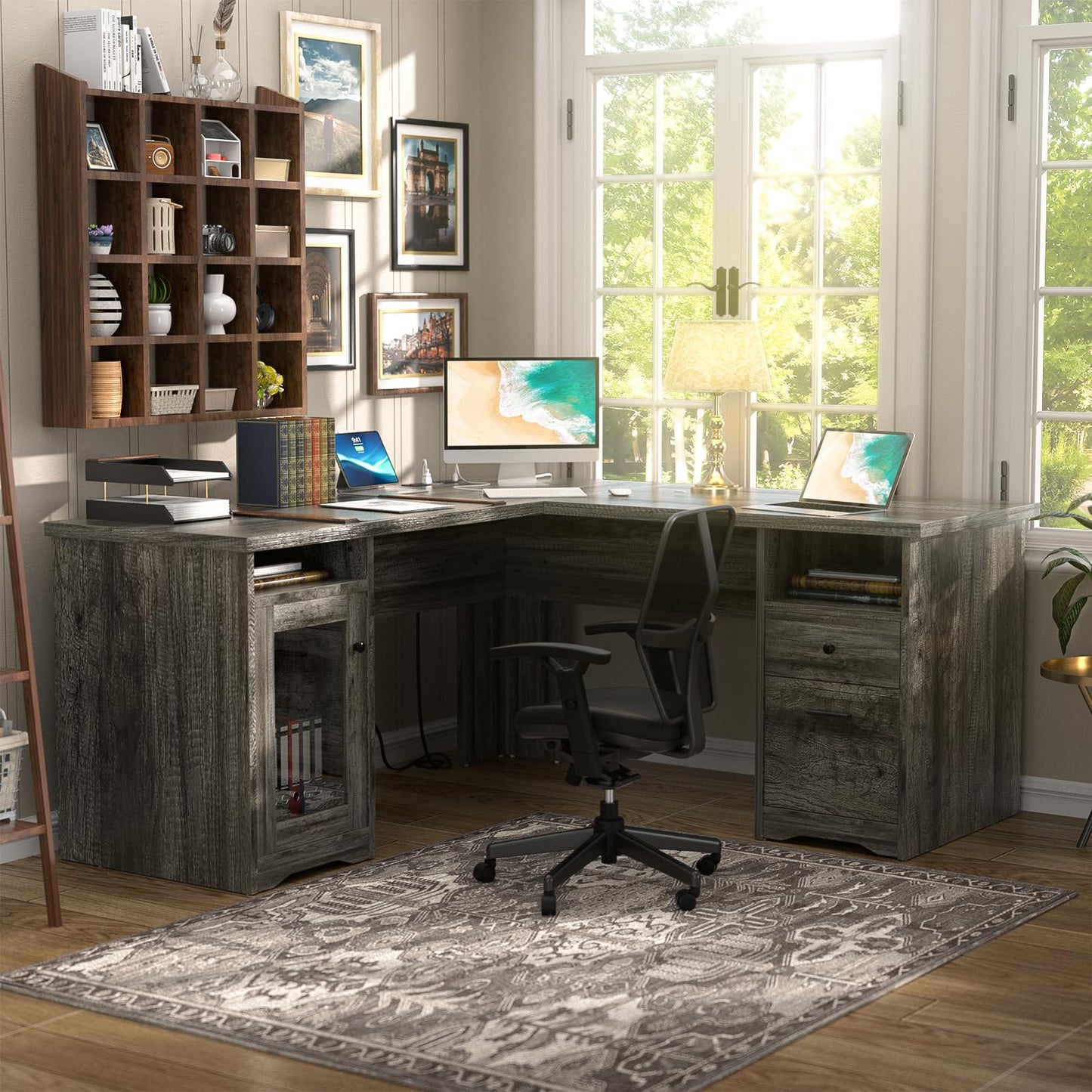 Unikito L Shaped Desk with Drawers, 60 Inch Corner Computer Desks with USB Charging Port and Power Outlet, Large 2 Person Home Office Table with File Cabinet, Black Oak