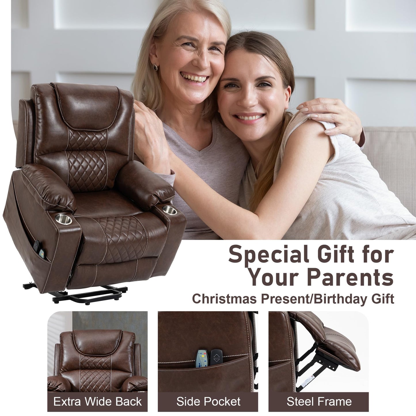 RHHVVR Oversized Power Lift Recliner Chair 400 LBS for Big and Tall Elderly, 26" Extra Wide Zero Gravity Electirc Recliner Chair with Massage and Heating, Leather Home Theater Seat, Brown