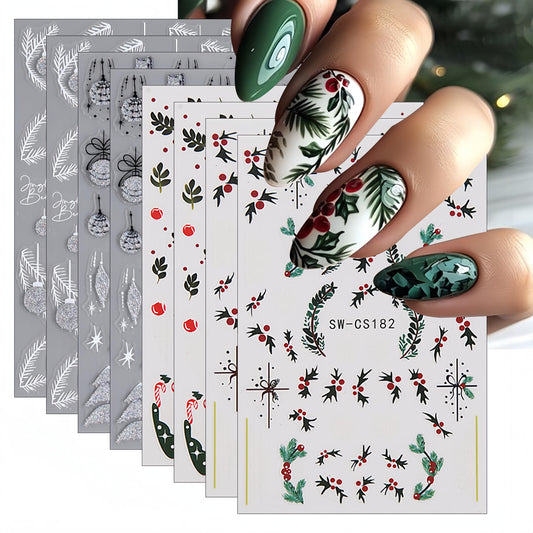 8 Christmas Nail Art Stickers Green French Snowflake Christmas Tree Elk Decal Stickers Silver Glitter Bell Bowknot Winter Design Suitable for Ladies Girls DIY Nail Art Decoration