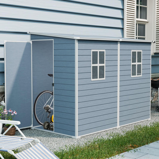 4FT x 8FT Resin Outdoor Storage Shed with Windows and Ventilation, Lockable Garden Tool Shed with Sloping Roof, Weather Resistant Backyard Storage House for Patio Lawn, Grey