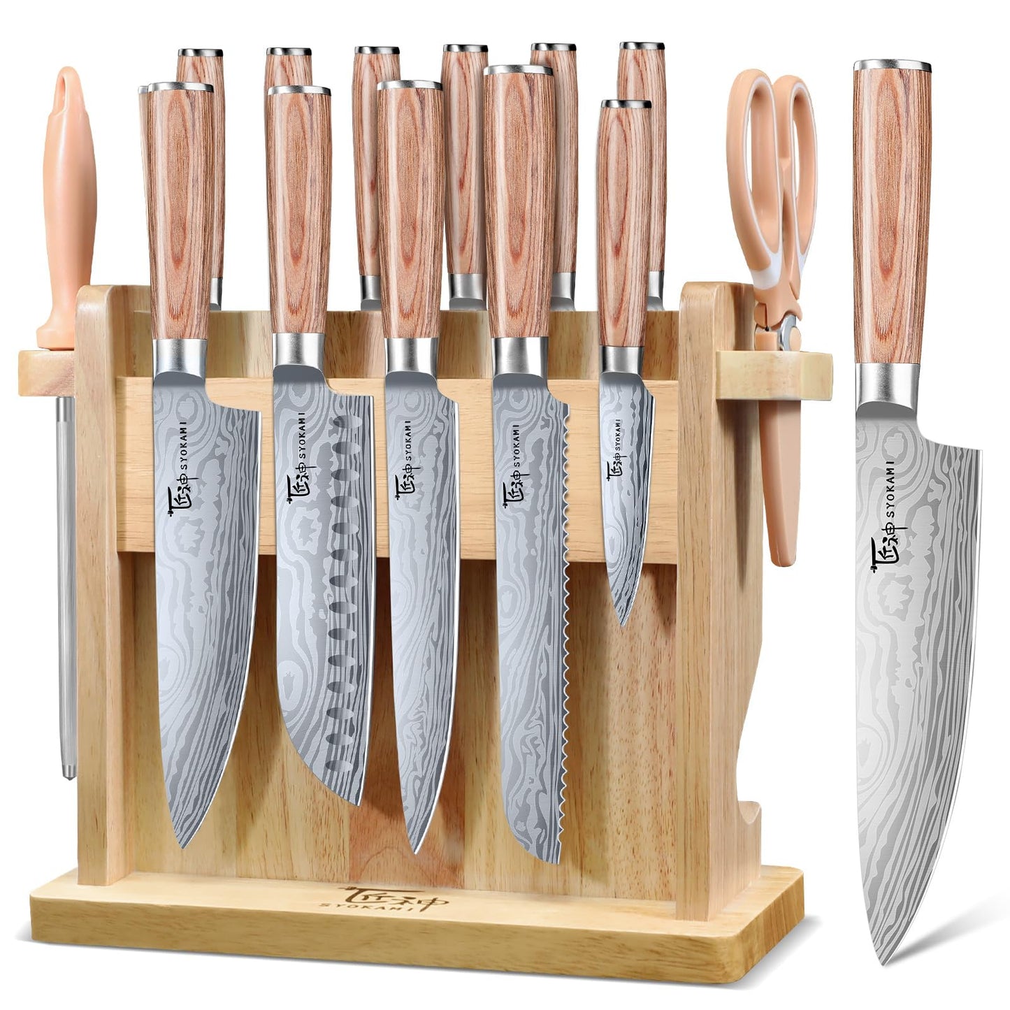 SYOKAMI Japanese Knives Set for Kitchen with Block, 14 PCS Magnetic Knife Set with Holder and Sharpener, Wooden handle, Stainless Steel Knife Set, Ideal as a Gift