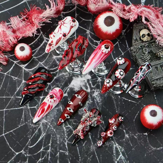 100% Handmade Press on Nails Halloween Long Stiletto Fake Nails with Red Evil Eye Design Spiderweb Glue on Nails Charms Gothic Halloween Nail Press ons Reusable Handmade Nail for Women Manicure Size L