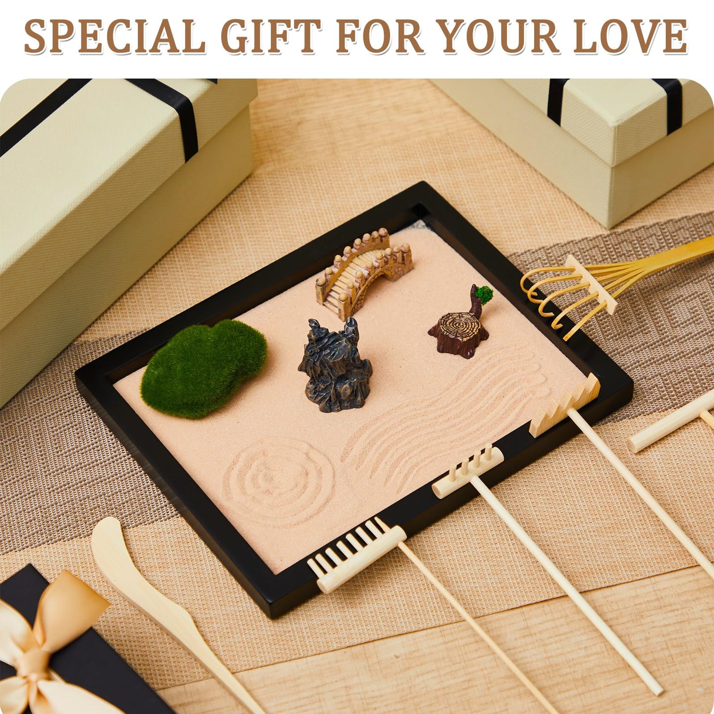 Soulchen 8 Pcs Mini Zen Garden Kit for Table Decor DIY Your Own Zen Garden 8.5" x 6.7" Japanese Sand Tray 6 Rake Tools Meditation Gifts Set for Home Office Tabletop Accessories Therapy Stress Relief