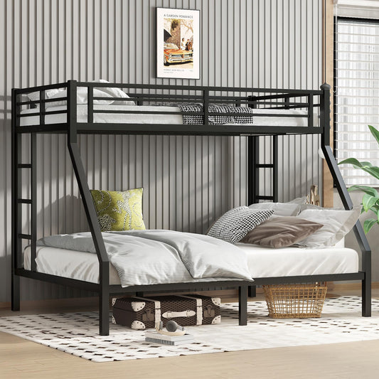 Bellemave Metal Twin XL Over Queen Bunk Bed for Adults/Kids,Heavy Duty Adults Bunk Beds with Guardrail & Ladders,Twin XL Over Queen Size Bunk Beds for Teens,Black