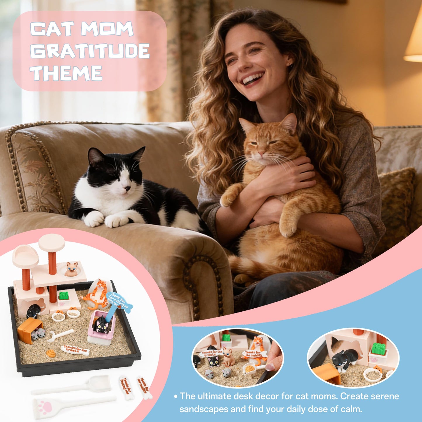 Tian Zhun Cat Lover Gifts for Women Adults Cat Mom Gifts Mini Zen Garden for Desk Cats Themed Gift Sand Tray Therapy Kit Sand Included