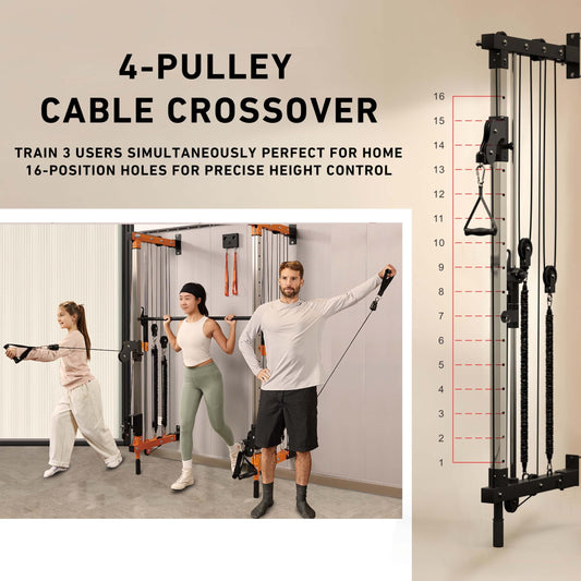 DUORAN Wall-Mounted Folding Smith Machine Home Gym, All-in-One Compact Power Cage & Cable Pulley Trainer with 200–398LB Dual-User Resistance Band System for Home, Garage, Basement Fitness （Black）