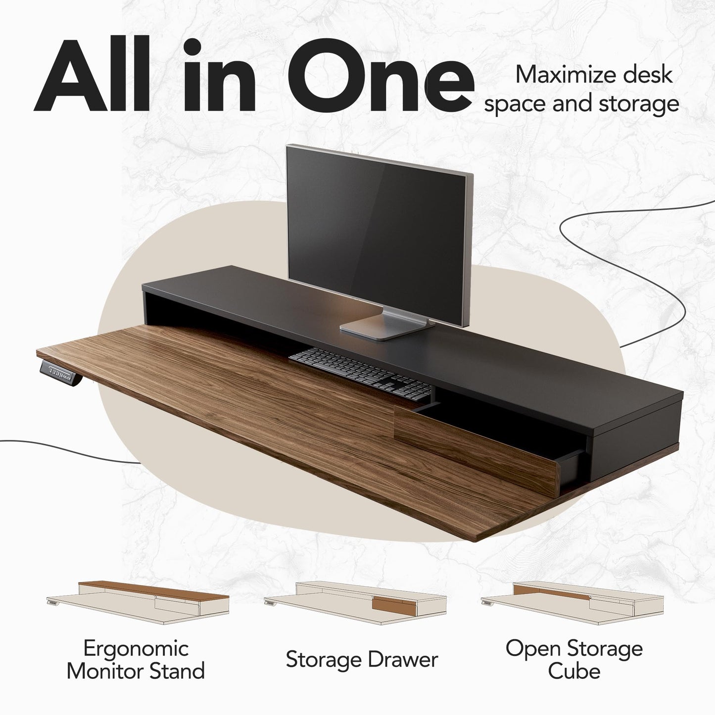 HUANUO Standing Desk with Drawers and File Cabinet, 47 Inch Electric Height Adjustable Desk with Storage, Ergonomic Stand Up Table Compatible with Monitor Stand, Black Walnut