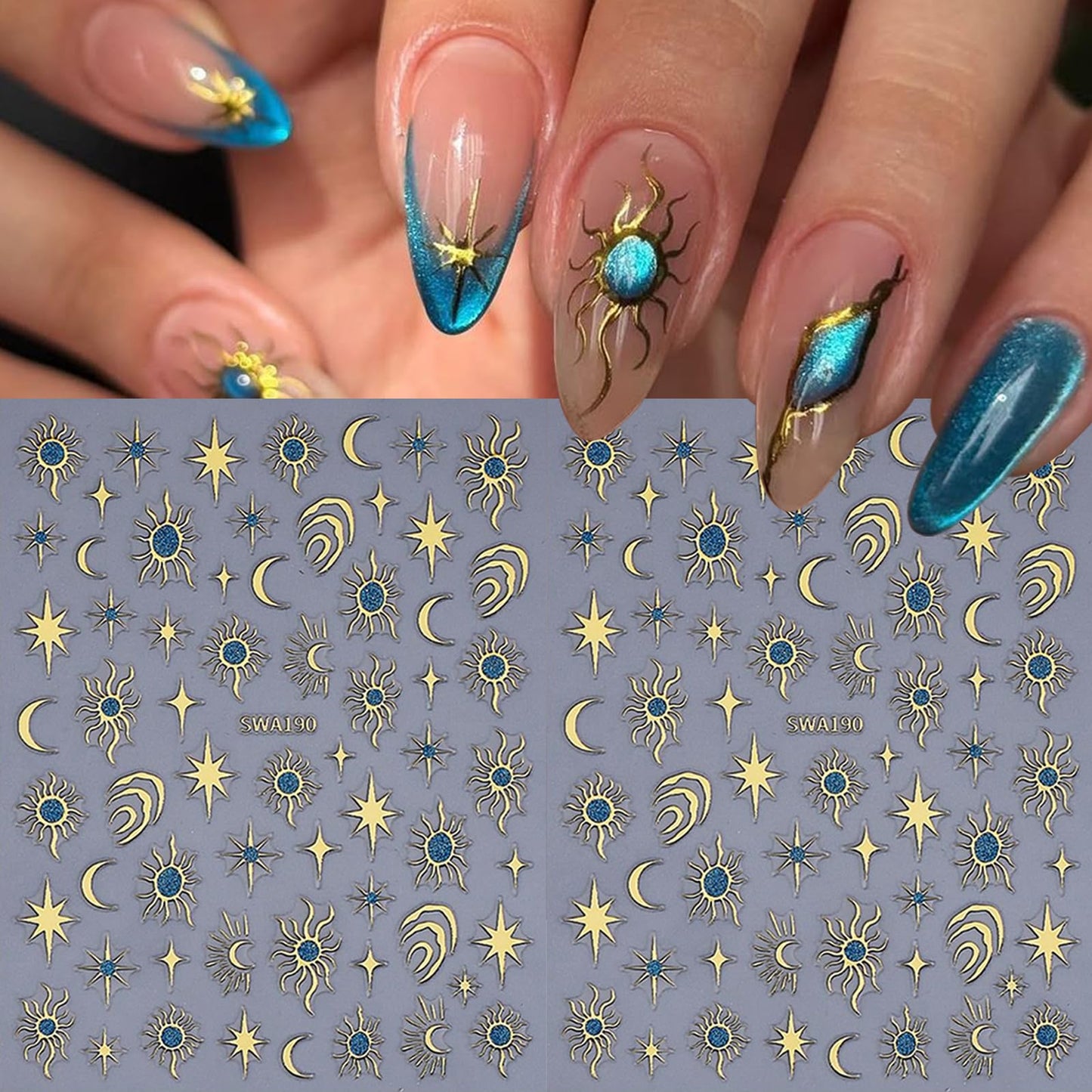 6 Sheet Celestial Nail Art Sticker Moon Star Sun Glitter Design Nail Decals 3D Self-Adhesive Nail Accessories Golden Metallic Nail Supplies Beauty Salon Sticker for Women DIY Manicure Nail Decorations