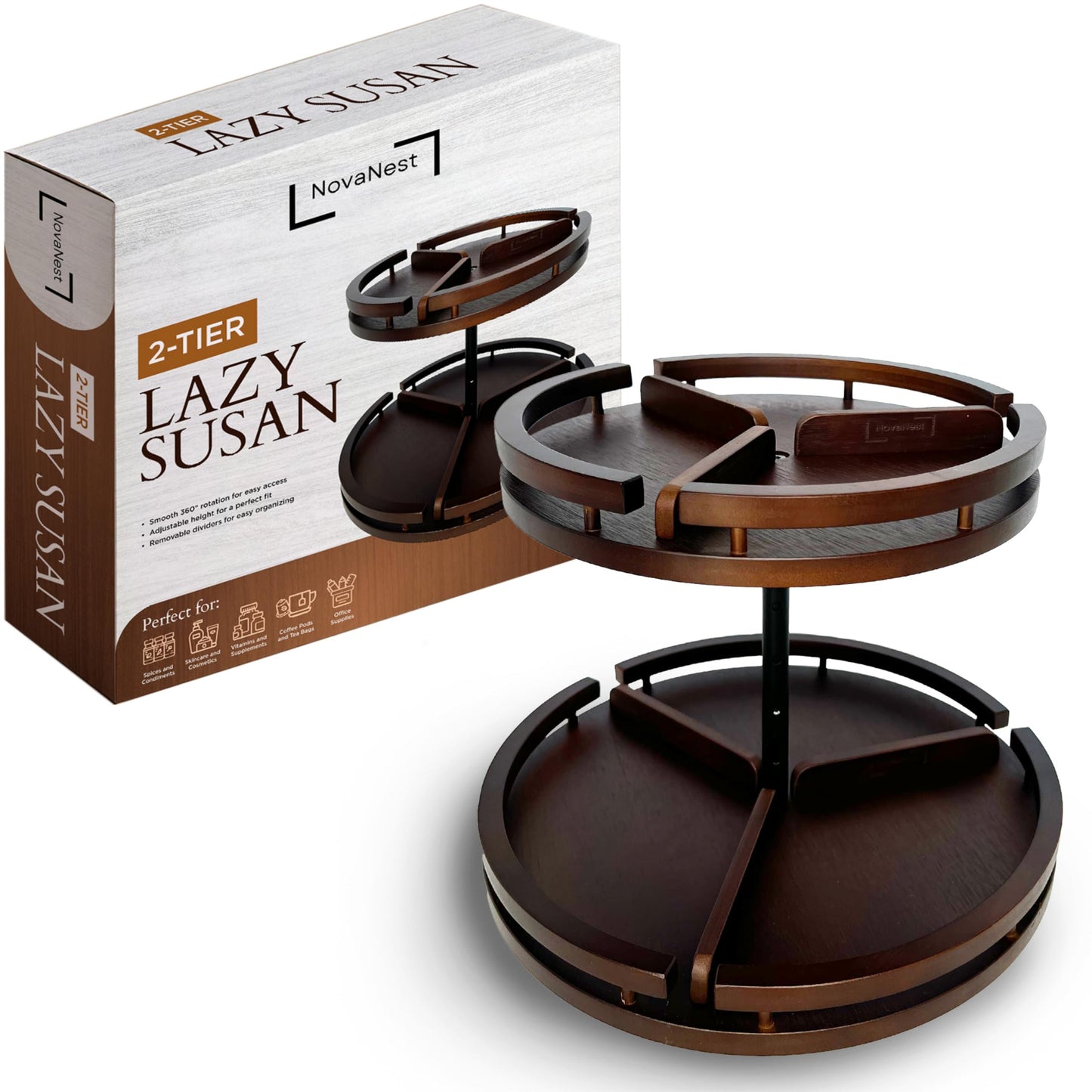2 Tier Lazy Susan Organizer – 12" Bamboo Rotating Spice Rack Organizers with Adjustable Height Turntable for Cabinet, Pantry, Medicine Cabinet, Kitchen, Spinning Bathroom Counter Top Organizers