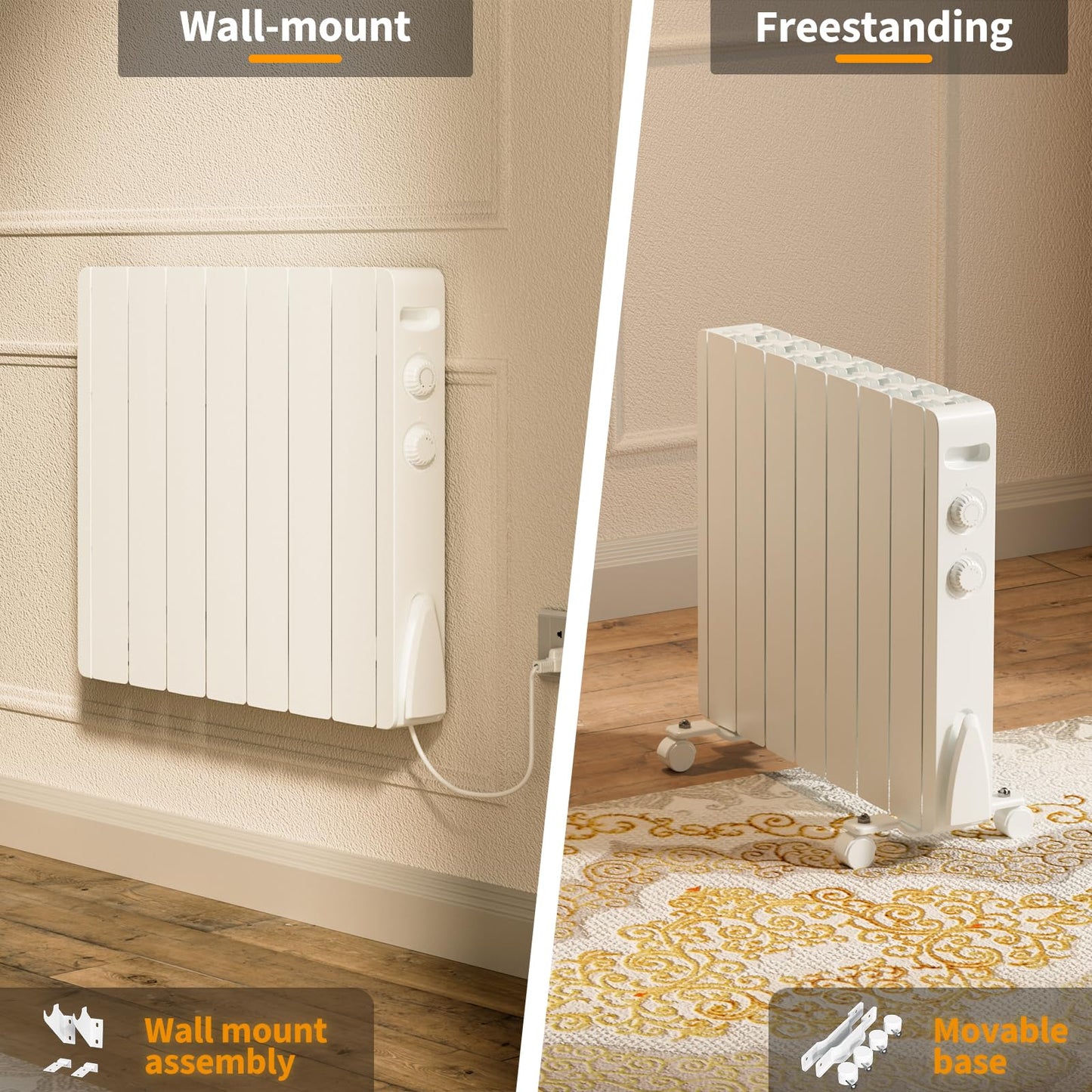 Fierscial 1500W Electric Panel Wall Heater, Plug-in Smart Convection Space Heaters For Indoor Use, Quiet Fan-Less Design, Freestanding/Wall Mount Heater With Adjustable Thermostat, Knob Switch(White)
