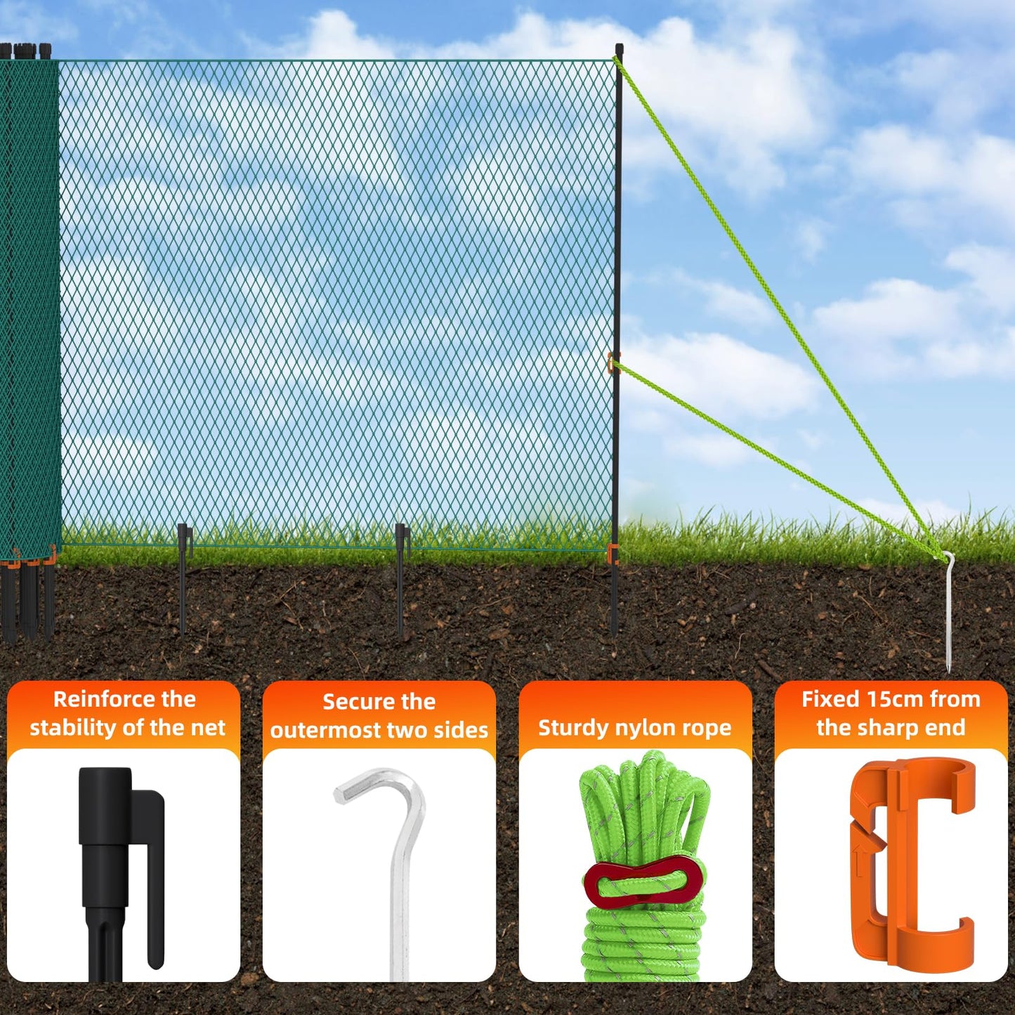 Temporary Fence with Garden Posts & 3.1'H x 60'L Plastic Mesh,Portable Snow Fencing with Windbreak Rope and Ground Stakes,Dog Fence Outdoor for Yard,Backyard Fences,Garden Fence Protect Barrier