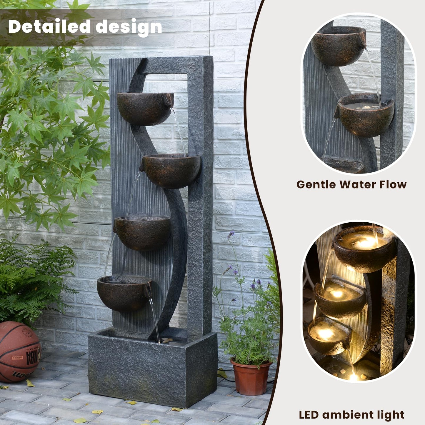 GardesT 5-Tier Cascading Outdoor Fountain with LED Lights, 49.2" Tall Resin Waterfall Fountain for Garden, Patio, Backyard - Freestanding Water Feature