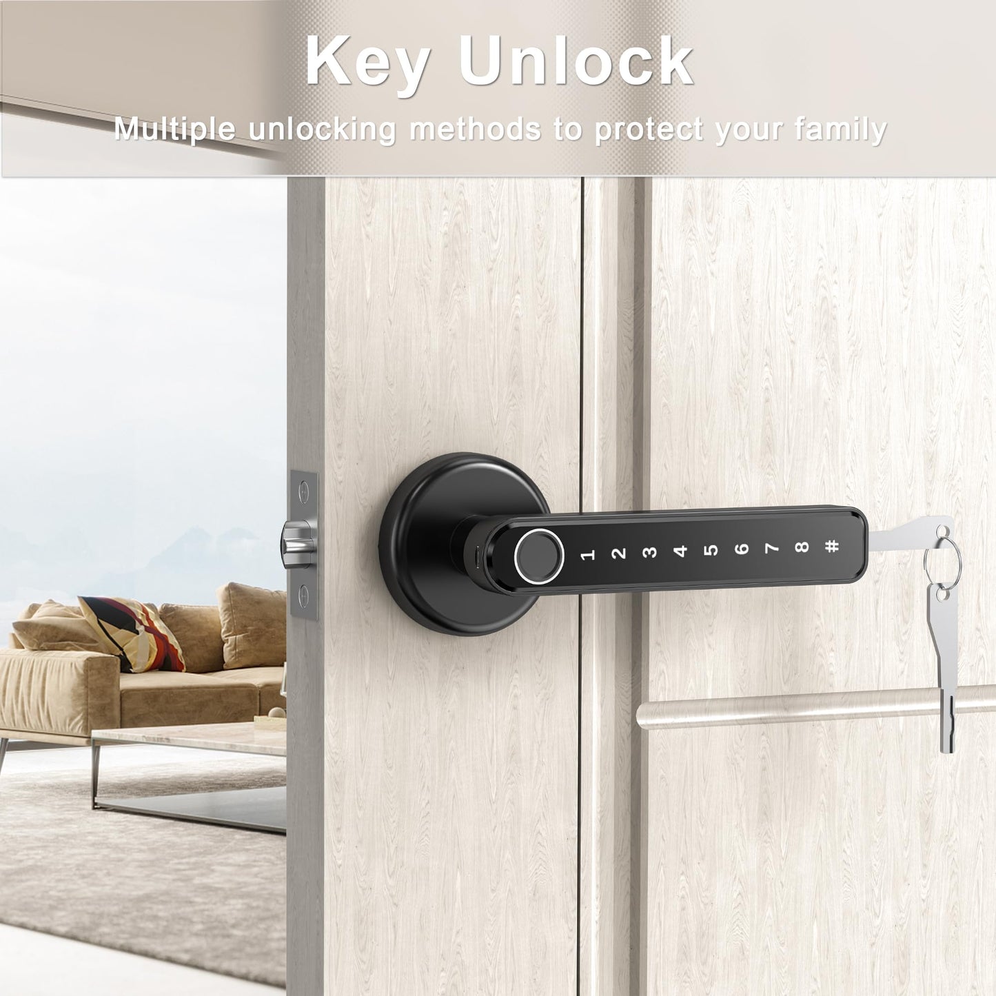 IRONZON Fingerprint Door Handle for Bedrooms - 191F 3-in-1 Fingerprint Door Lock with Keypad, Fingerprint Door Knob for Bedroom with Key, Keyless Entry Door Handle - Black