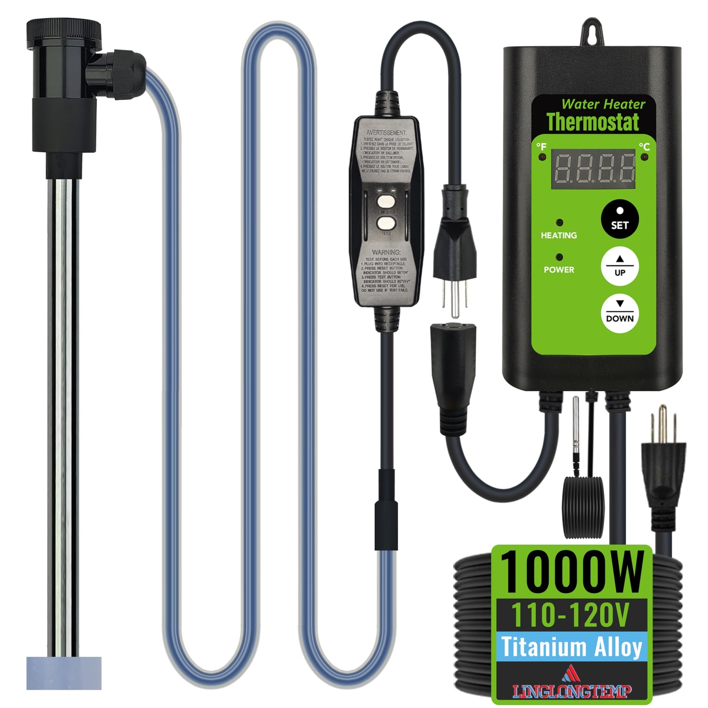 LINGLONGTEMP 1000W Titanium Submersible Hot Tub & Pool Portable Electric Immersion Water Heater with Temp Control & GFCI for Bathtubs, Buckets, Baptism Pool, Inflatable Pool, Baptistry & Sap tub