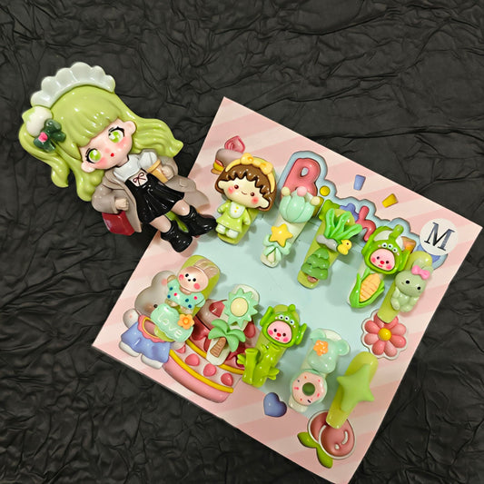 Handmade Press On Nails Long Square Nails with Ring 33mm Forest Pixie Nails Green Pastel 3D Animal Plant Design for Women Party Holiday Daily Wear Size M