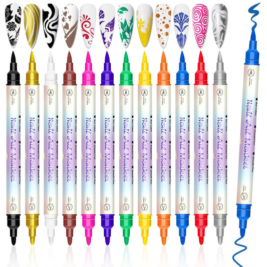 12 Colors Nail Art Pens Set, Dual-Ended Nail Art Markers, Nail Polish Pens with 0.5-5mm and 1-2mm Tip, Quick-drying Nails Art Marker for Home Salon, Adult Kids, DIY Nails Art Design