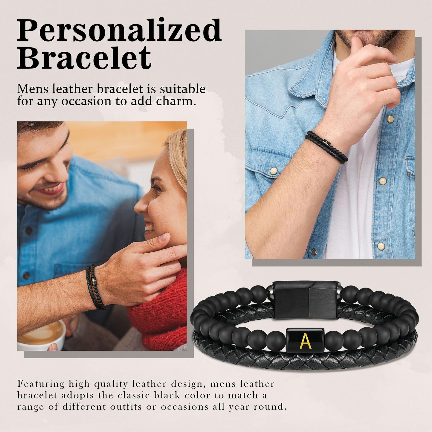 Mens Leather Bracelet with Initial - Men Gift Matte Agate Bead Magnetic Clasp Black Leather Bracelets Mens Gifts Men Bracelets with Initial X Bracelet for Men's Jewelry Men's Gifts for Dad Husband Him