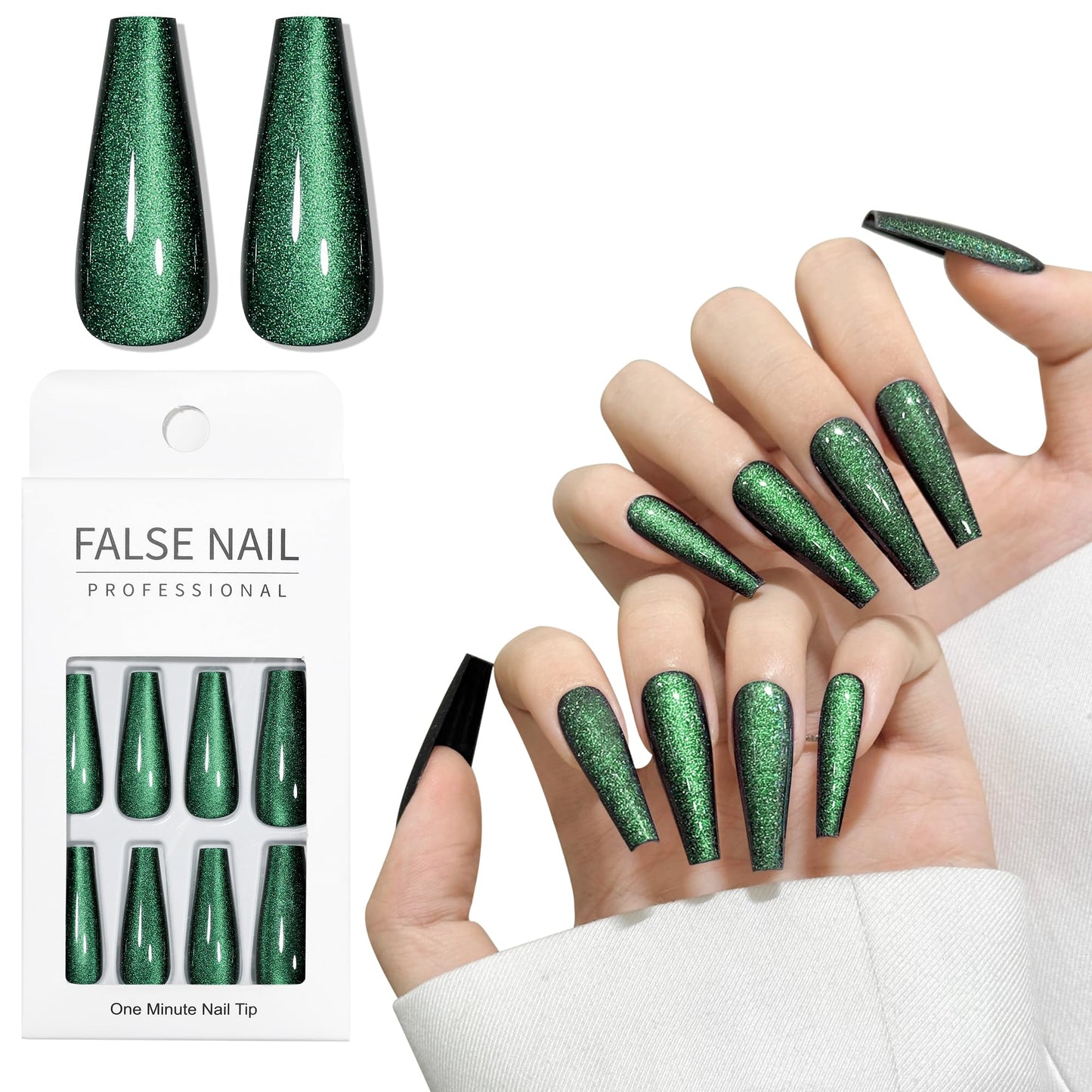 Dark Green Cat Eyes Press On Nails,12 Sizes - 24 Pcs Soft Gel Green Long Coffin Fake Nails Kit with Nail Glue, Natural Reusable Stick On False Nails for Women and Girls SK1042